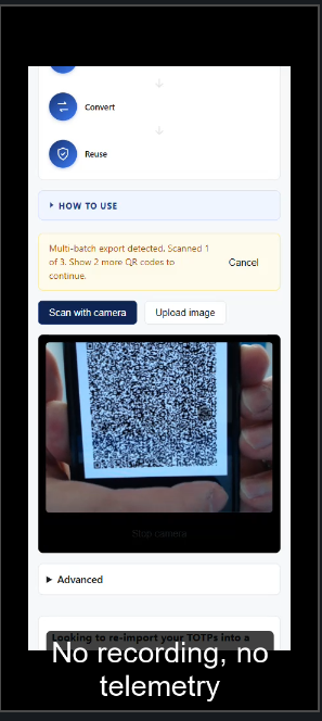 Scanning an export QR with the laptop webcam, with a no-recording, no-telemetry note