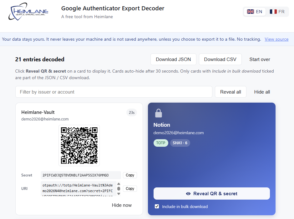 Six decoded entries shown as cards, one revealed with QR code and copyable secret, the others locked